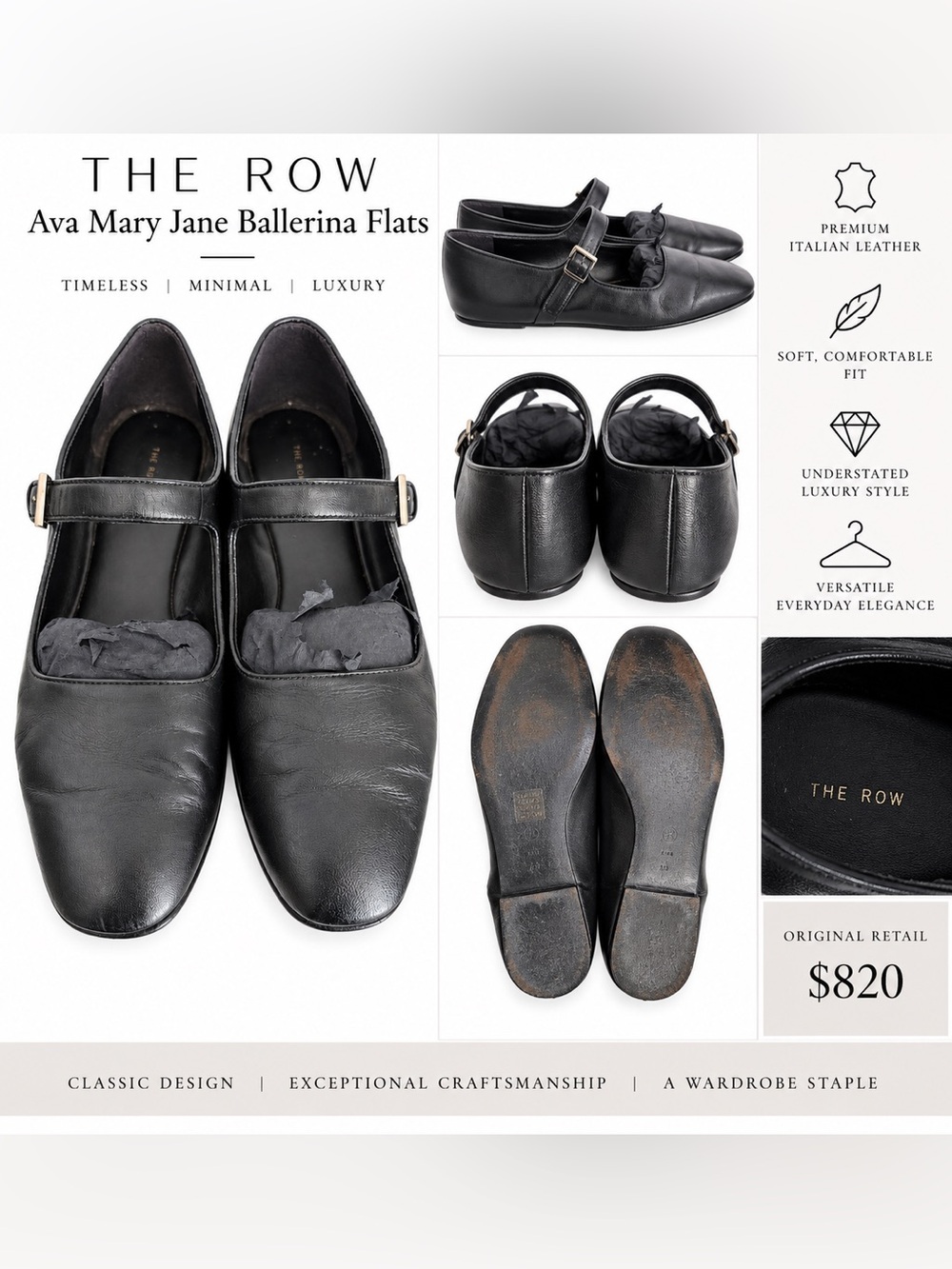 The Row Ava Mary Jane Ballerina Flats Black Leather 39 / 9